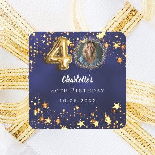 Sticker Carré 40e anniversaire bleu marine étoiles dorées photo