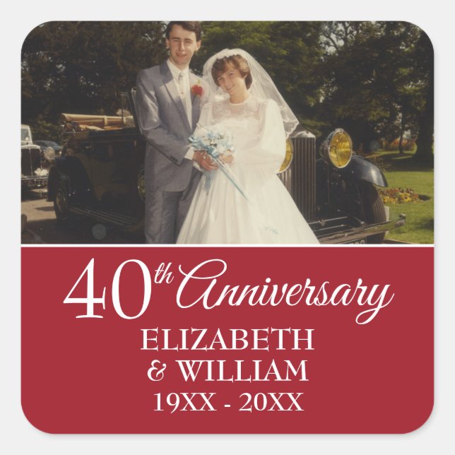 Sticker Carré 40e anniversaire du Mariage Photo Elegant Ruby (Devant)