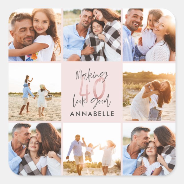 Sticker Carré 40e anniversaire rose girly parties scintillant ph (Devant)