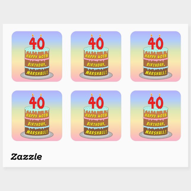 Sticker Carré 40th Birthday: Fun Cake and Candles + Custom Name (Feuille)