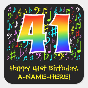 Sticker Carré 41e anniversaire : Symboles de musique colorée, Ar