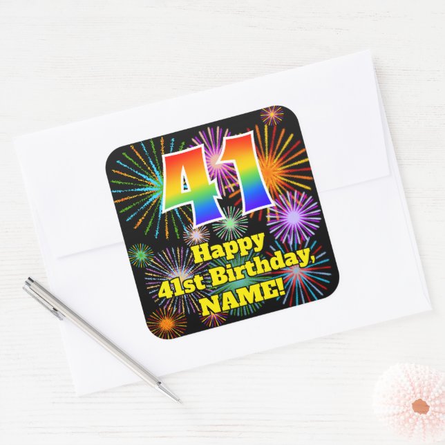 Sticker Carré 41st Birthday: Fun Fireworks Look, Rainbow # 41 (Enveloppe)