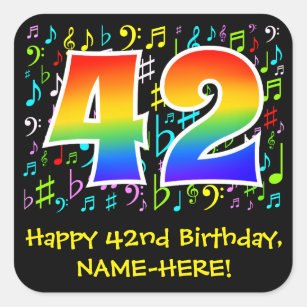 Sticker Carré 42e anniversaire : Symboles de musique colorée, Ar