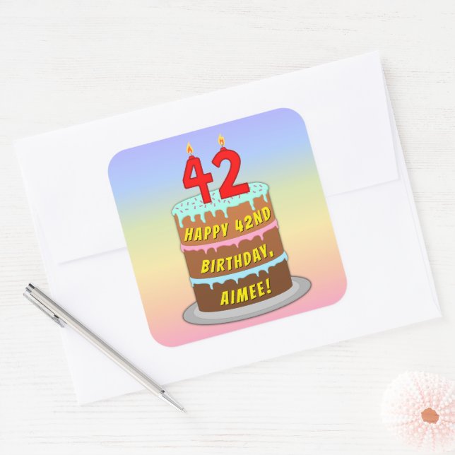 Sticker Carré 42nd Birthday: Fun Cake and Candles + Custom Name (Enveloppe)