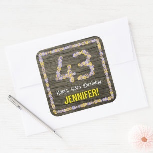 Sticker Carré 43e anniversaire : numéro floral, Faux Wood Look,