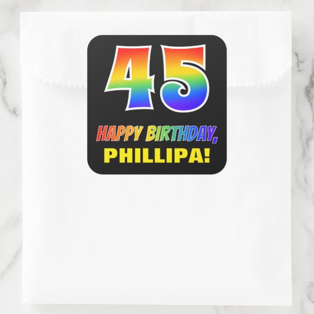 Sticker Carré 45e anniversaire : Bold, amusant, simple, arc-en-c (Sac)