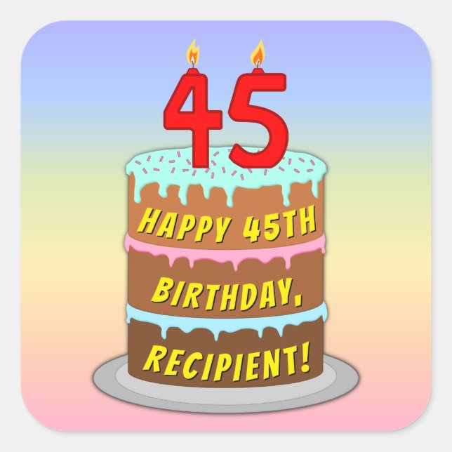 Sticker Carré 45th Birthday: Fun Cake and Candles + Custom Name (Devant)