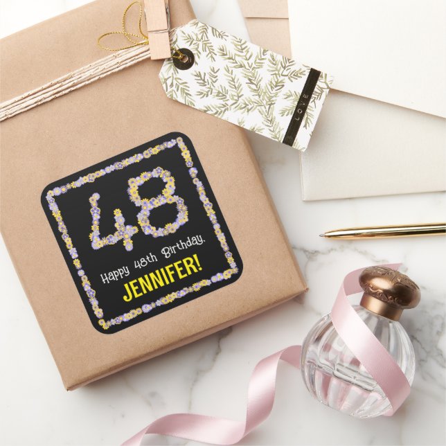 Sticker Carré 48e anniversaire : Floral Flowers Numéro, Nom pers (Cadeaux)