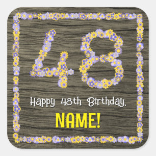 Sticker Carré 48e anniversaire : Floral Number, Faux Wood Look,