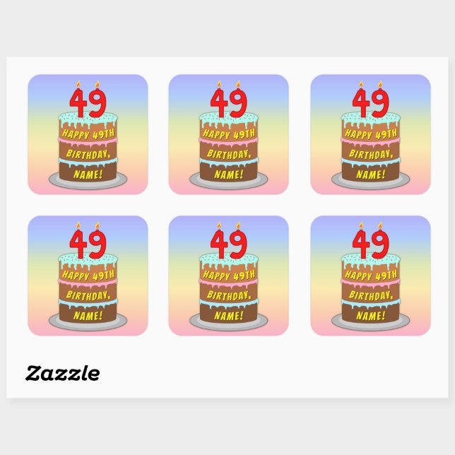 Sticker Carré 49e anniversaire : Fun Cake and Candles + Nom pers (Feuille)
