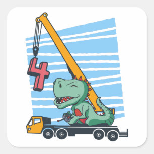 Sticker Carré 4 ans 4ème anniversaire grue mobile dinosaure