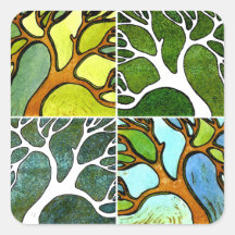 4 Arbres sculptés à la main en Aquarelle et Stylo 