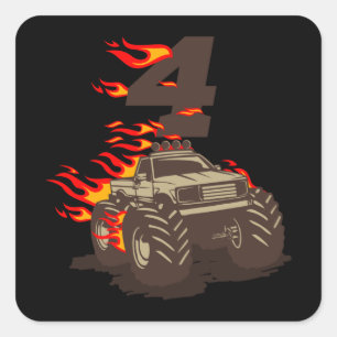 Sticker Carré 4 BISTHDAY MONSTER TRUCK 4th Birthday Boy Truck