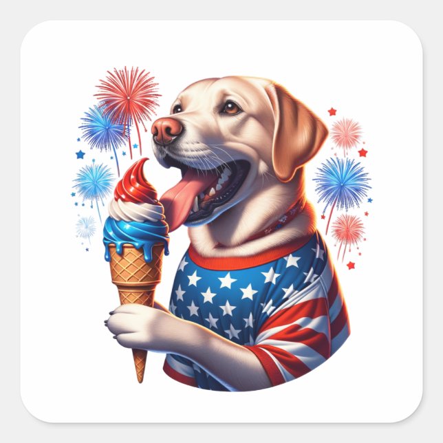 Sticker Carré 4 juillet Chien avec cône de glace (Devant)