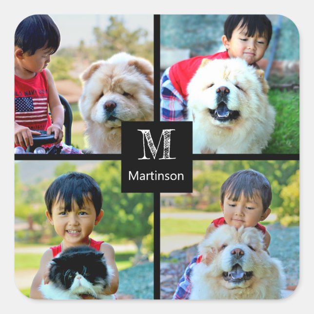 Sticker Carré 4 Photo Collage Customisé avec Monogramme (Devant)