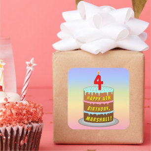 Sticker Carré 4e anniversaire : Fun Cake and Candle + Nom person
