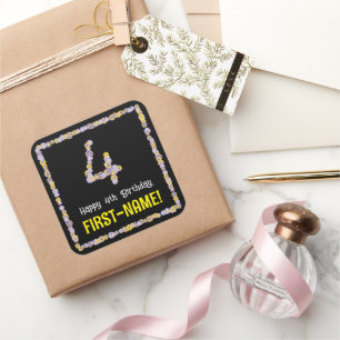 Sticker Carré 4e anniversaire : numéro de fleurs florales, nom p