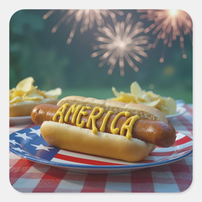 Sticker Carré 4th of July Hot Dog and Fireworks (Devant)