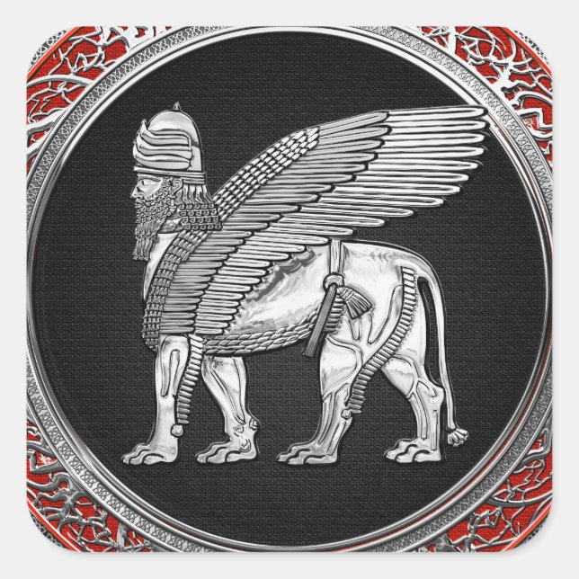 Sticker Carré [500] Lion ailé assyrien - Lamassu argenté (Devant)