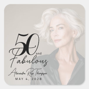 Sticker Carré 50 ans et Fabuleux Texte Photo Fête d'anniversaire