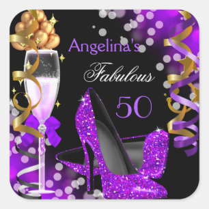 Sticker Carré 50 ans fabuleux Talons violets Bulles dorées Anniv