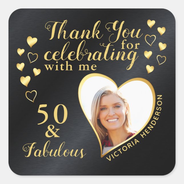 Sticker Carré 50 et fabuleux anniversaire Merci noir et or (Devant)