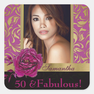 Sticker Carré 50 et fabuleux Purple Gold Damask Photo Anniversai