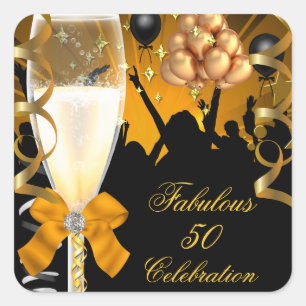 Sticker Carré 50 & Fabuleux Champagne d'Anniversaire Noir d'Or