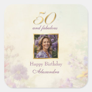 Sticker Carré 50 & Fabuleux Vintage Purple Gold Floral Anniversa