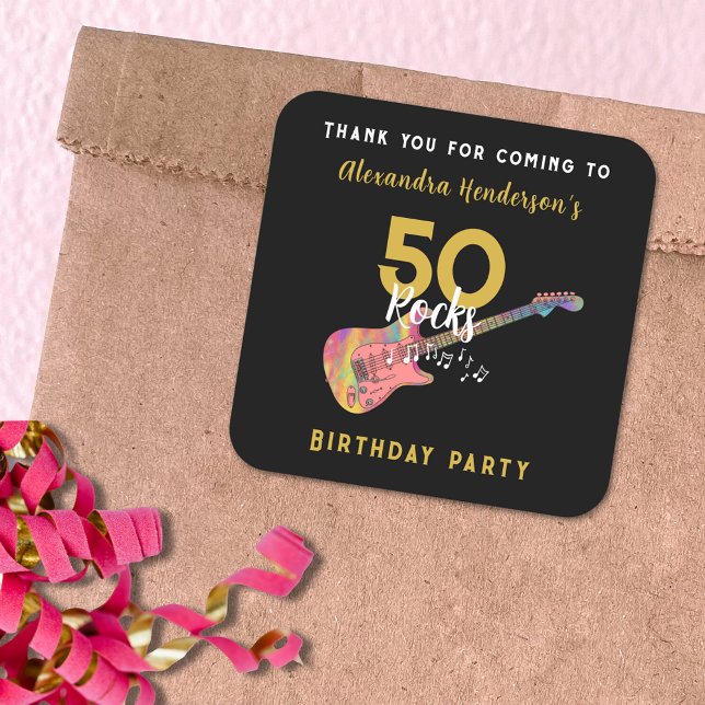Sticker Carré 50 Rocks Guitare Rose Fête d'anniversaire 50 ans M (50 Rocks funky pink guitar gold and black custom 50th birthday party thank you sticker)