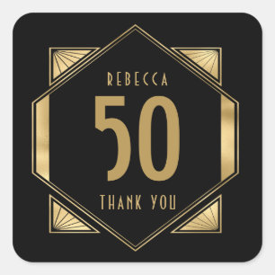 Sticker Carré 50e anniversaire Art Déco Nom Merci Gold Black