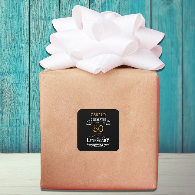Sticker Carré 50e anniversaire Black Gold Legendary Retro (50th Birthday Black Gold Legendary Retro Square Sticker)