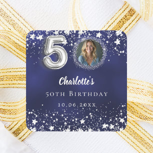 Sticker Carré 50e anniversaire bleu marine étoiles argentées pho