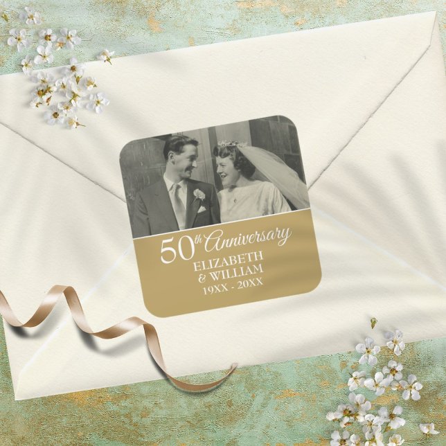 Sticker Carré 50e anniversaire du Mariage Photo Elégant Golden (50th Wedding Anniversary Photo Elegant Golden Square Sticker)