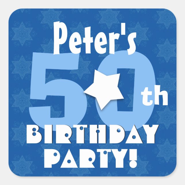 Sticker Carré 50e Anniversaire Fête Bleu Étoiles Nom personnalis (Devant)