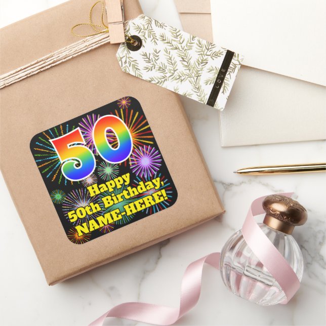Sticker Carré 50e anniversaire : Fun Fireworks Look, Arc en ciel (Cadeaux)