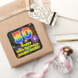 Sticker Carré 50e anniversaire : Fun Fireworks Look, Arc en ciel