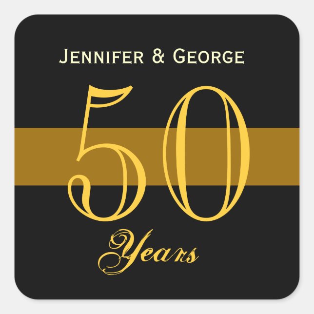 Sticker Carré 50e anniversaire Gold et Black Nom personnalisé (Devant)