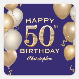 Sticker Carré 50e Anniversaire Marine Bleu et Ballons d'or