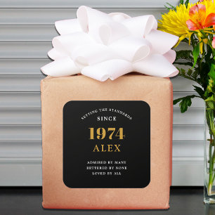 Sticker Carré 50e anniversaire Nom 1974 Black Gold Elegant Chic