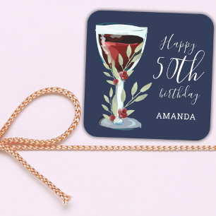 Sticker Carré 50e anniversaire Vin rouge Rose Aquarelle Marine B