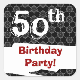Sticker Carré 50e fête d'anniversaire Noir Blanc Motif et Rouge