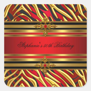 Sticker Carré 50e fête d'anniversaire Red Zebra Gold Black