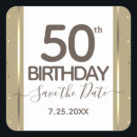 Sticker Carré 50th Birthday Gold Enregistrer la date Elegant Scr<br><div class="desc">Belle bordure en fausse feuille avec reflets chatoyants sur la bordure supérieure et inférieure. Tout le texte est ajustable et facile à changer pour vos besoins de partie. Grande élégante conception modèle de 50ème anniversaire.</div>