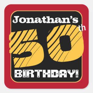 Sticker Carré 50th Birthday Party Red Black Gold Ajouter le nom