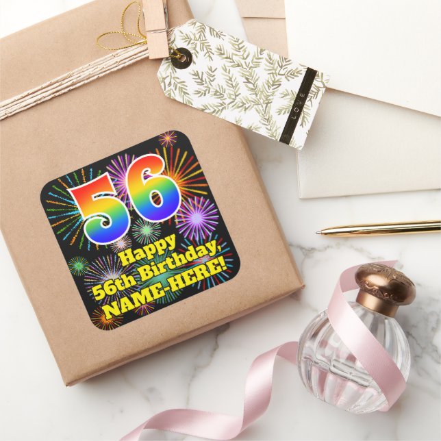 Sticker Carré 56e anniversaire : Fun Fireworks Look, Arc-en-ciel (Cadeaux)