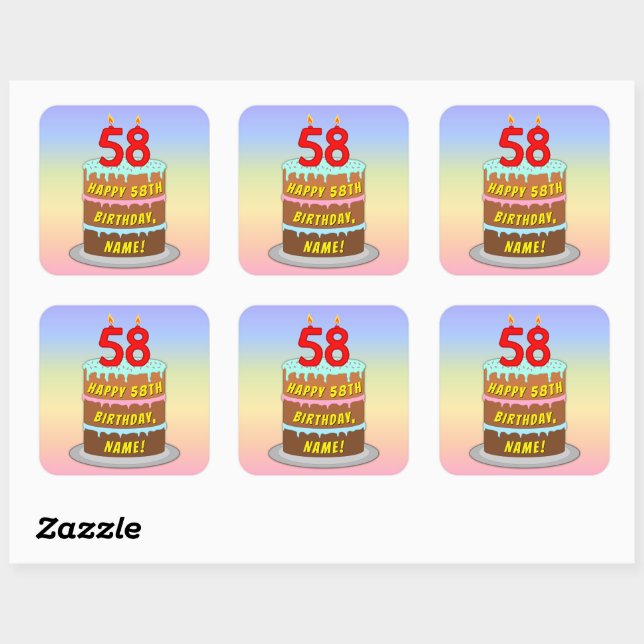 Sticker Carré 58e anniversaire : Fun Cake and Candles + Nom pers (Feuille)