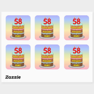 Sticker Carré 58e anniversaire : Fun Cake and Candles + Nom pers
