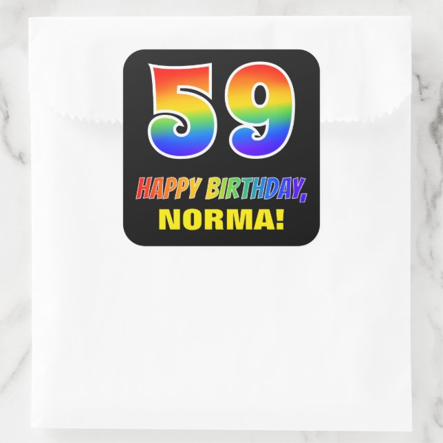 Sticker Carré 59e anniversaire : Bold, amusant, simple, arc-en-c (Sac)