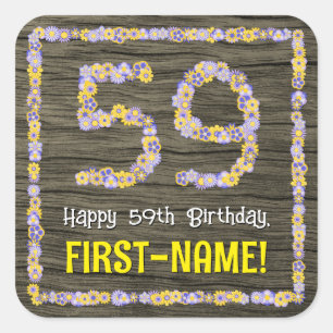 Sticker Carré 59e anniversaire : numéro floral, Faux Wood Look,